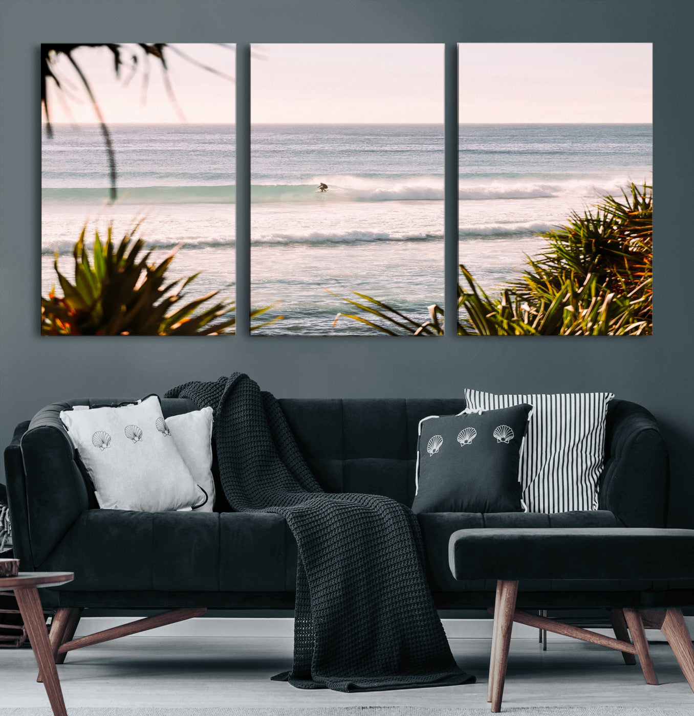 Canvas of a lone surfer riding a pastel wave at sunrise, perfect for tropical or coastal-themed spaces with a relaxed, airy vibe.