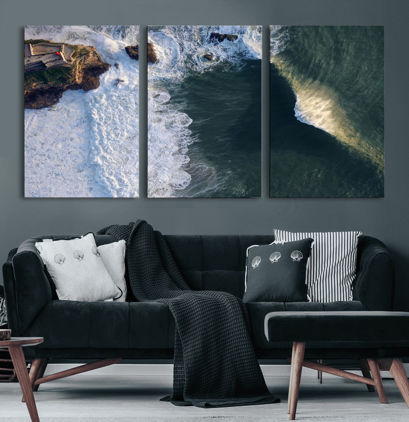 Canvas showing an aerial view of crashing waves along the Nazaré coastline, perfect for dramatic coastal or ocean-themed home decor.
