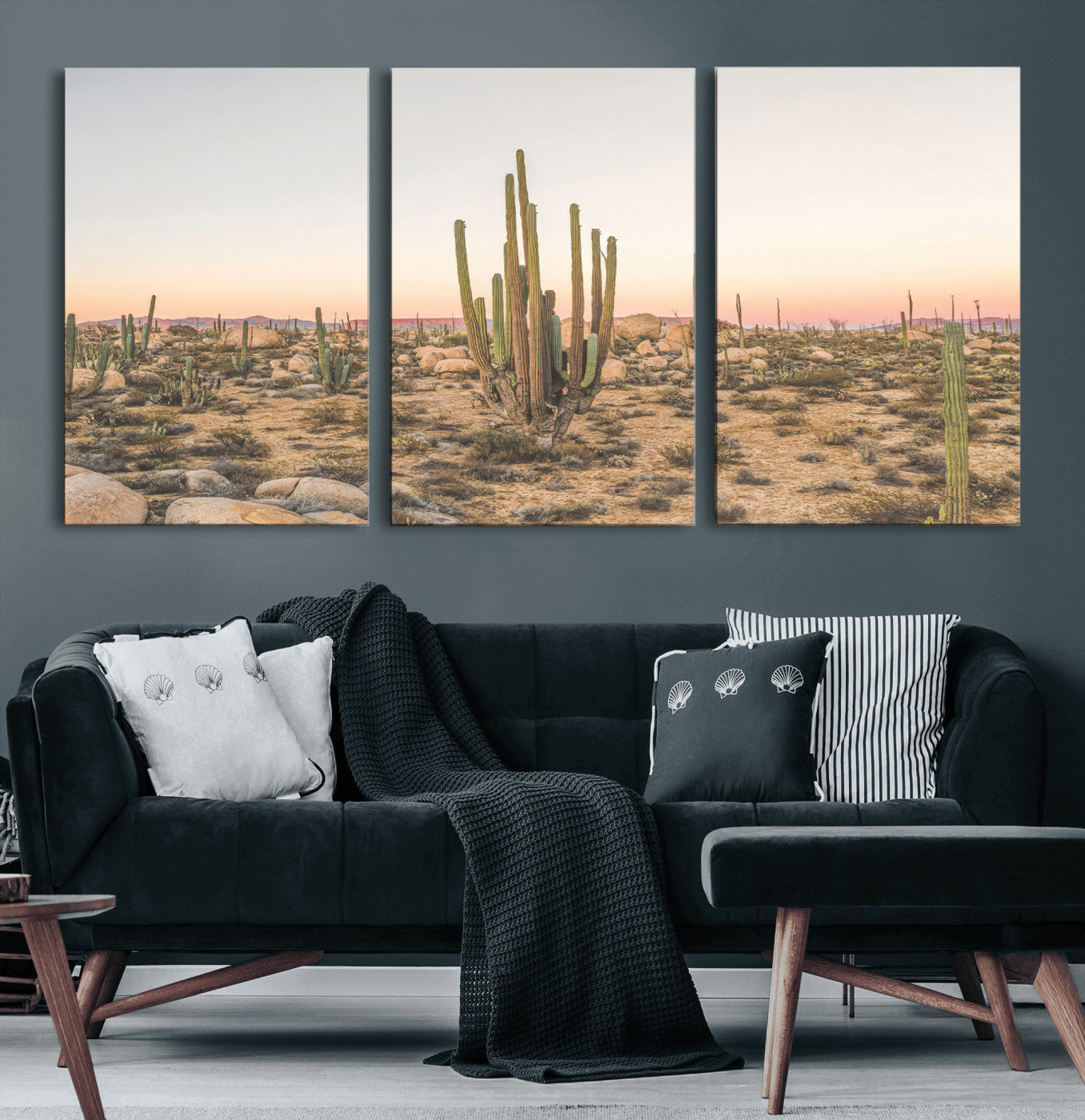Canvas of tall desert cacti in warm sunset tones over a rocky Baja landscape, ideal for earthy or Southwestern-style home decor.