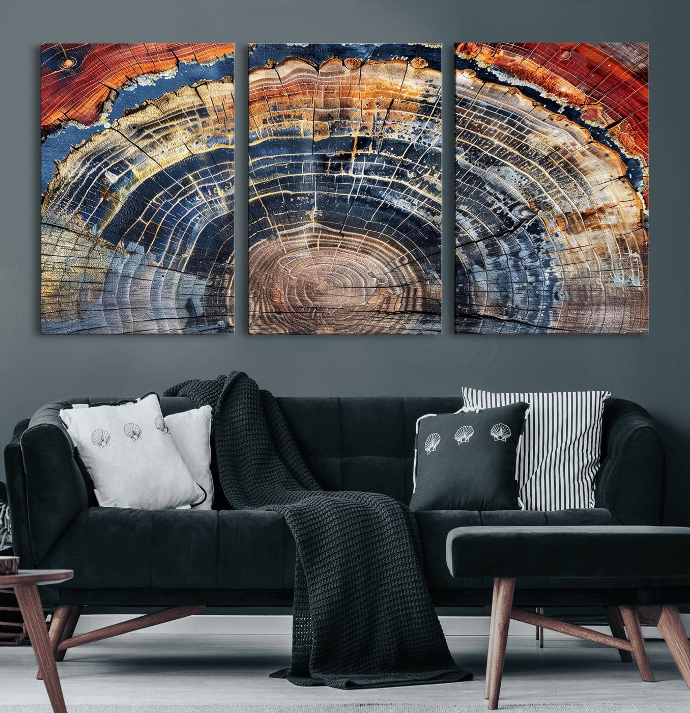 Vibrant tree ring with orange, brown, and blue tones in abstract detail, perfect for rustic or boho-inspired wall decor.