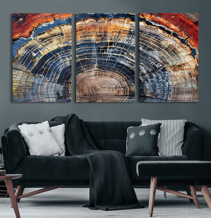 Vibrant tree ring with orange, brown, and blue tones in abstract detail, perfect for rustic or boho-inspired wall decor.