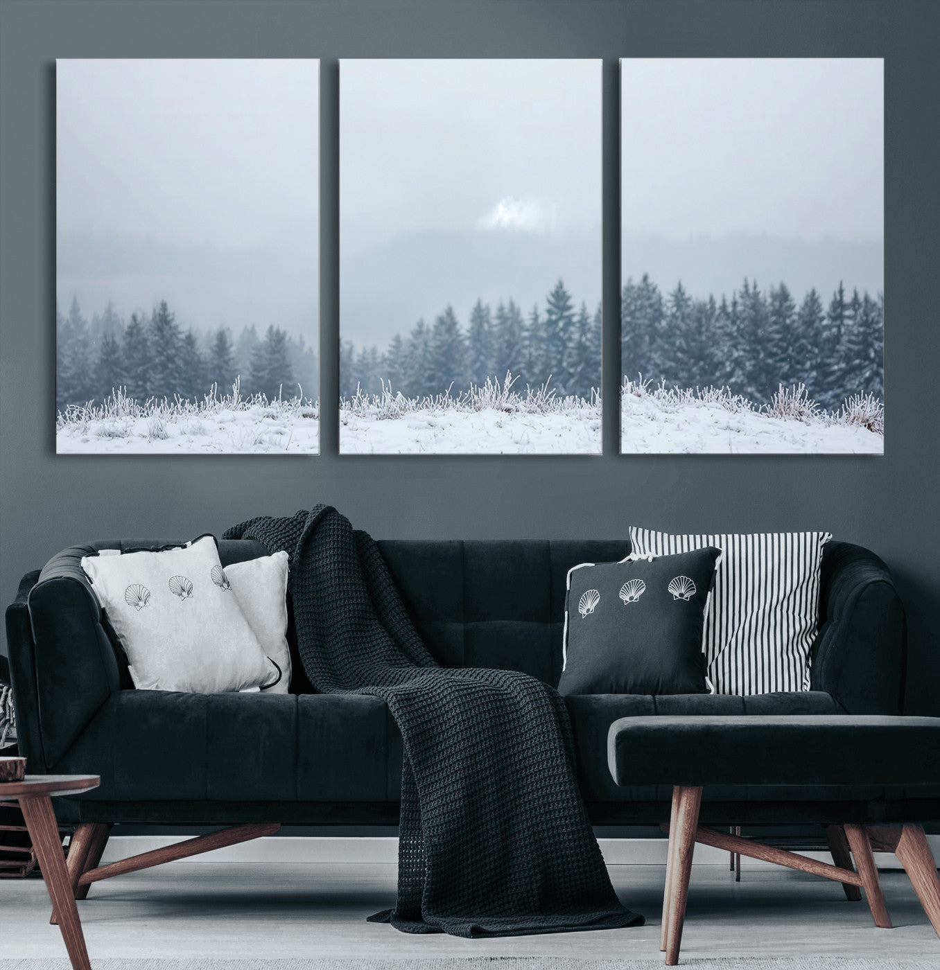 Snow-covered forest under misty sky, soft light breaking through clouds, ideal for minimalist or Nordic-inspired home decor.