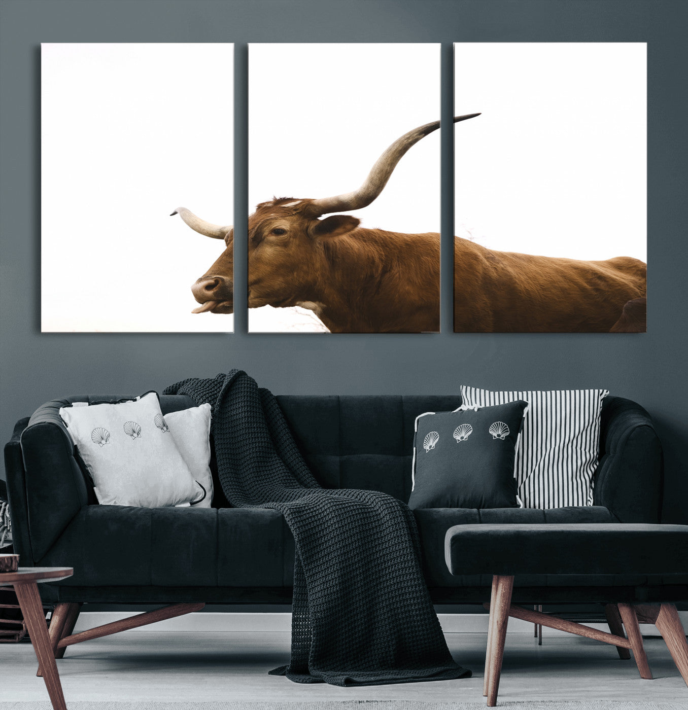 Minimal photo of a longhorn cow with white background, ideal for rustic, western or farmhouse-style interior decor.