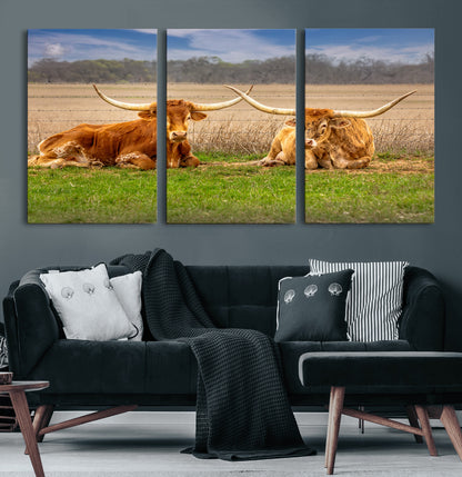 Two longhorn cows lying on green grass in front of a golden field and trees under a blue sky, perfect for rustic country wall decor.