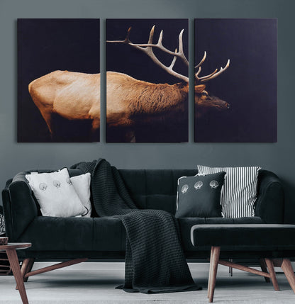 Side view of a majestic elk with large antlers against dark background, perfect for rustic lodge or cabin style home decoration.