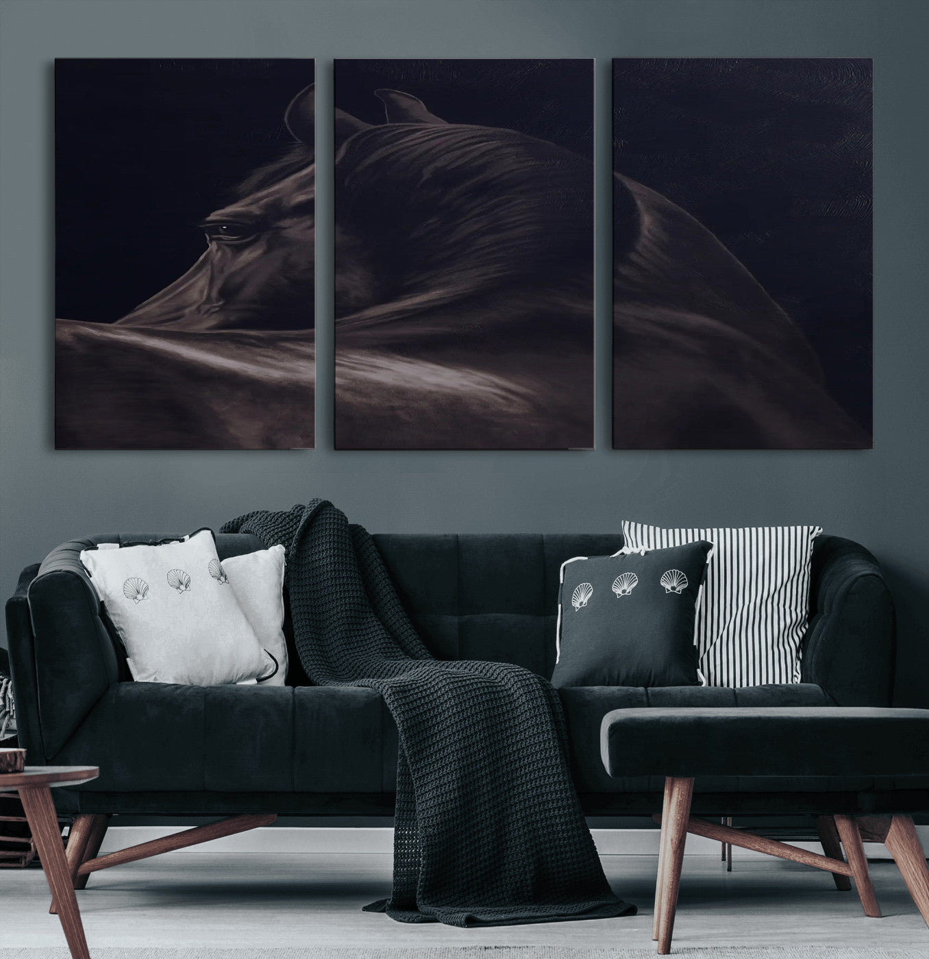 Close-up of a black horse with dramatic lighting on a dark background, perfect for rustic or masculine home decor.