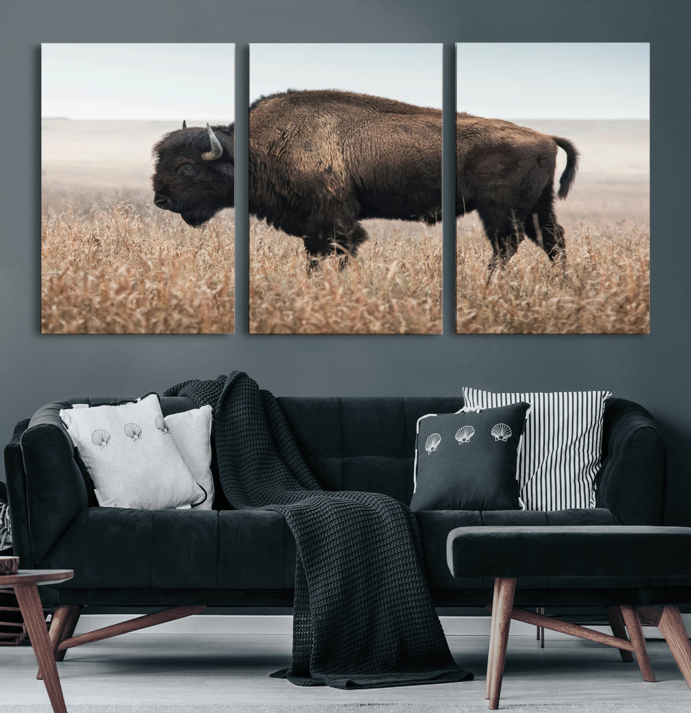 A lone bison stands in a vast prairie under a soft sky, evoking freedom and rustic charm for western or farmhouse inspired interiors.