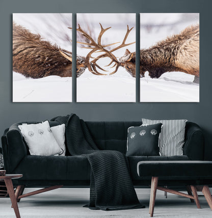 Two elk clashing antlers in a snowy forest, capturing raw power and wild energy, ideal for rustic cabin or lodge-style decor.