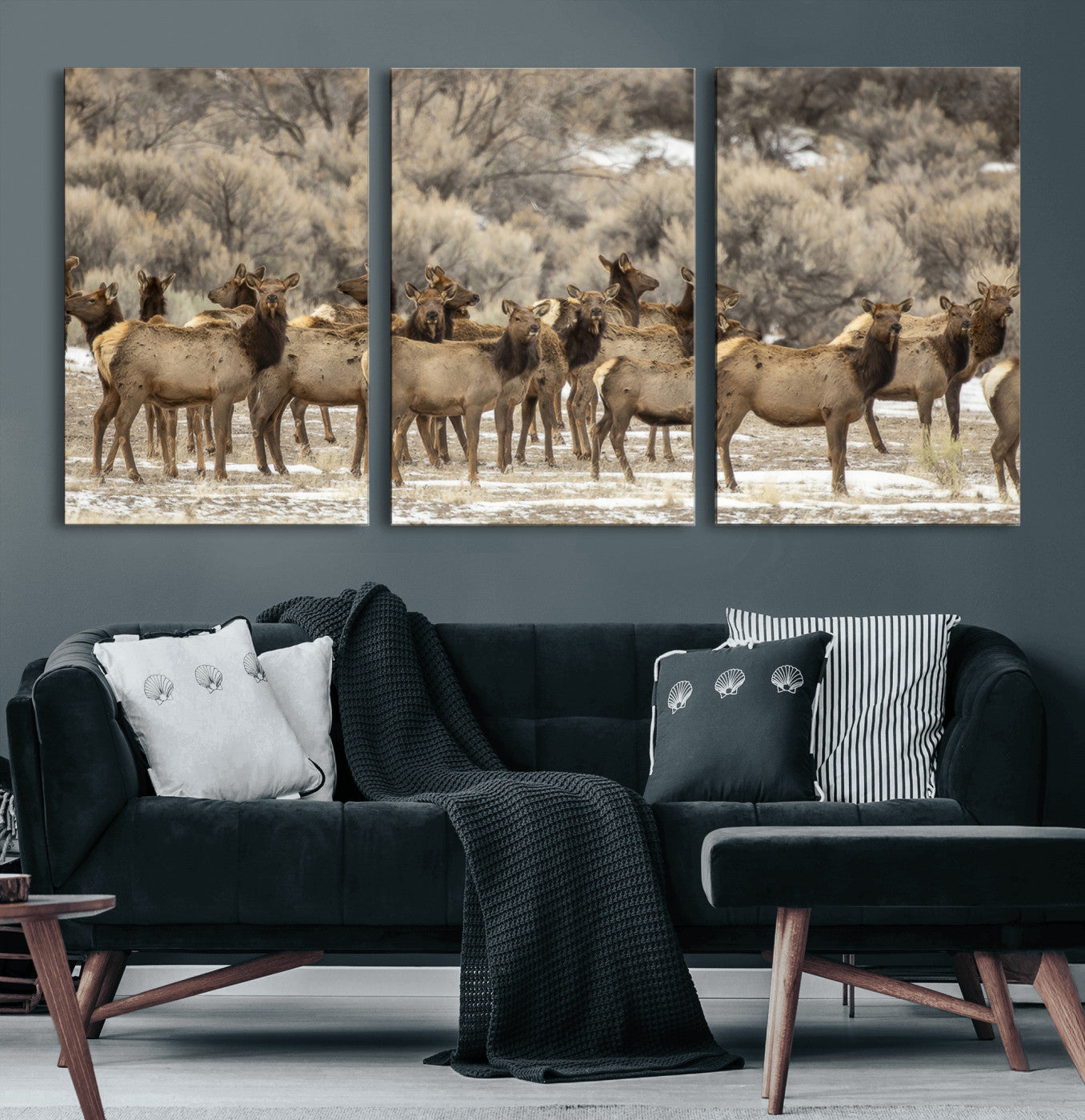 A large herd of elk standing in an open field with soft earthy tones, ideal for rustic lodge or western-themed home wall decor.