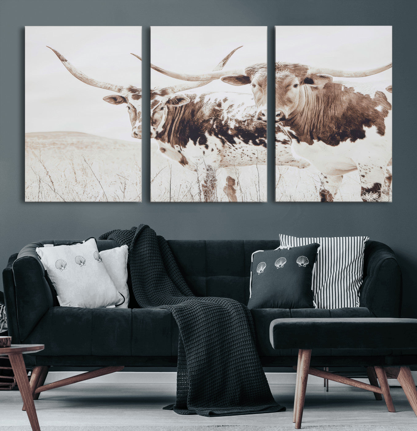 Two longhorn cows standing in a sepia-toned pasture with soft light, ideal for rustic or farmhouse-themed neutral wall decor.