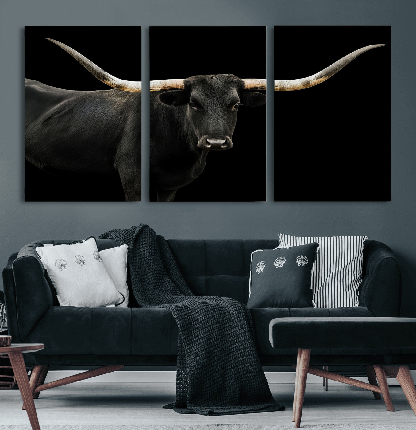 Close-up of a black Texas longhorn with large curved horns on black background, ideal for rustic farmhouse or modern western interiors.