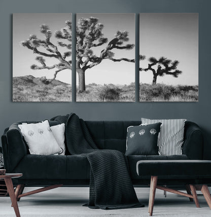 Black and white Joshua trees in a rugged desert landscape, creating a calm and minimalist feel for natural or rustic-themed interiors.