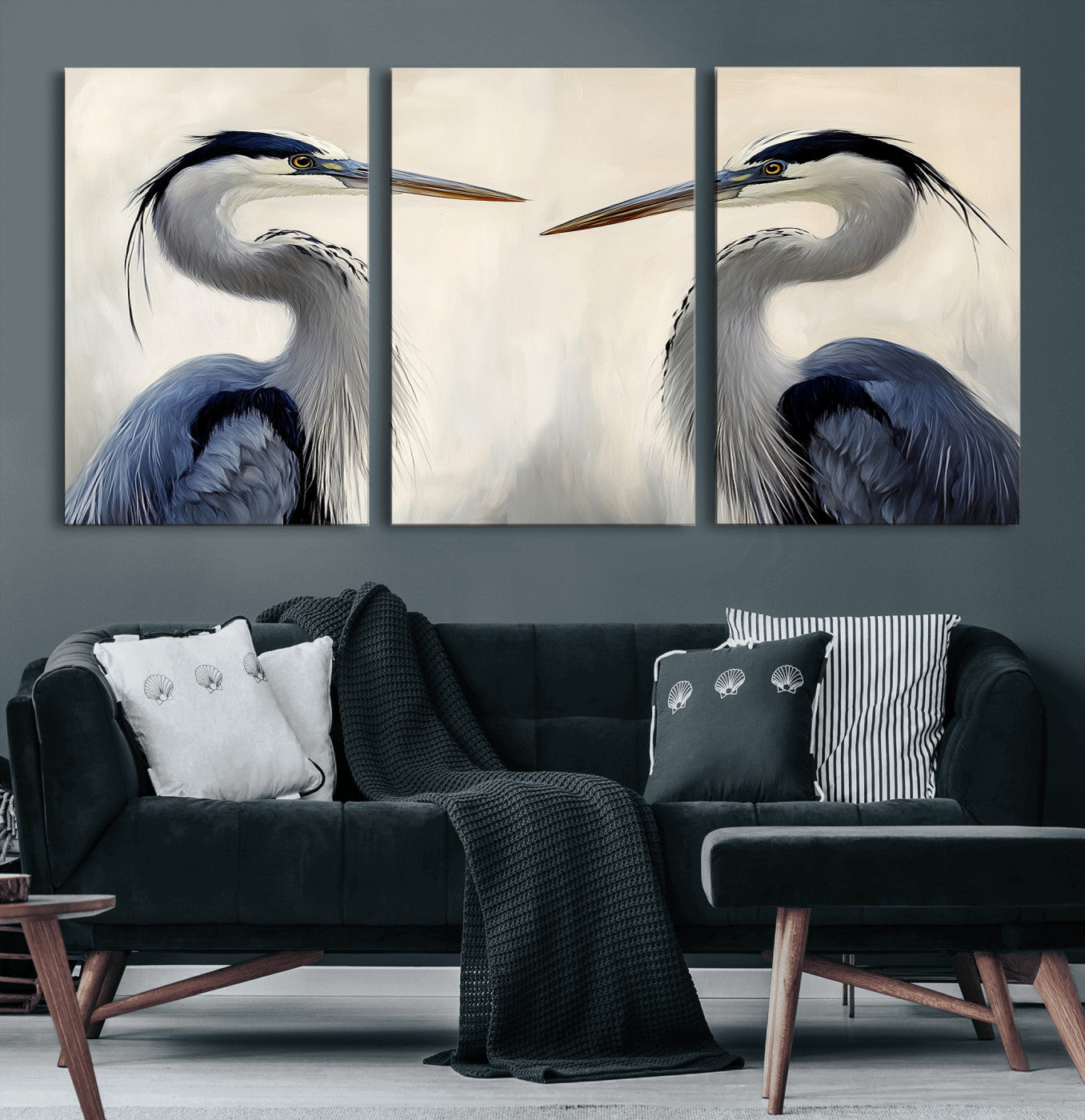 Two blue herons facing each other on a soft neutral background, ideal for coastal, tranquil, or nature-inspired minimalist interiors.