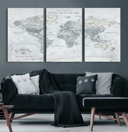 Custom Push Pin World Map Wall Canvas Print – Personalized Travel Tracker with Pins – Framed Custom Quotie Canvas for Home Office Decor