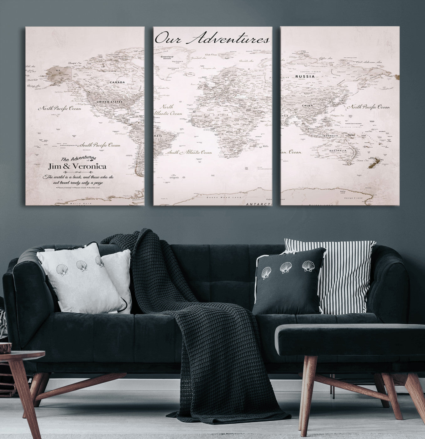Customize Push Pin World Map Wall Canvas Print – Personalized Travel Map with Foam Pins – Framed Custom Quotie Canvas for Home Office Decor