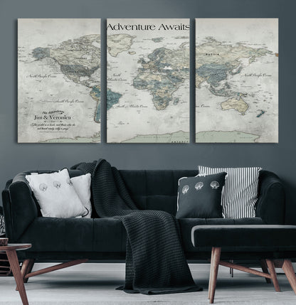 Customize Push Pin World Map Wall Canvas Print – Personalized Travel Tracker with Pins – Framed Custom Quotie Canvas for Home Office Decor