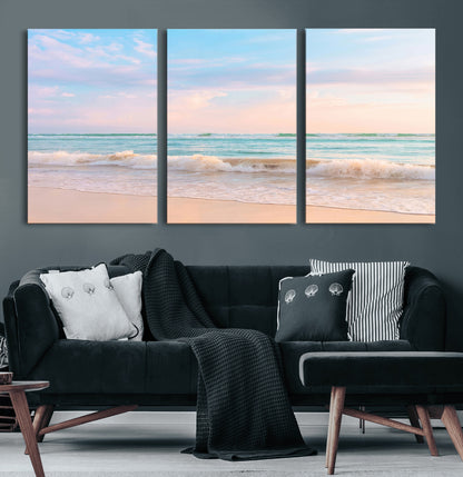 A peaceful beach scene with soft pastel skies, gentle waves washing up on the sandy shore, creating a calm and serene ocean view.