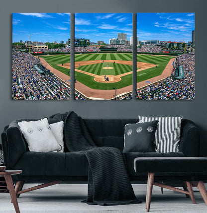 Wrigley Field Baseball Stadium Canvas Wall Art, Packed Crowd Sports Stadium Print, City Skyline Baseball Field Canvas for Game Room Decor