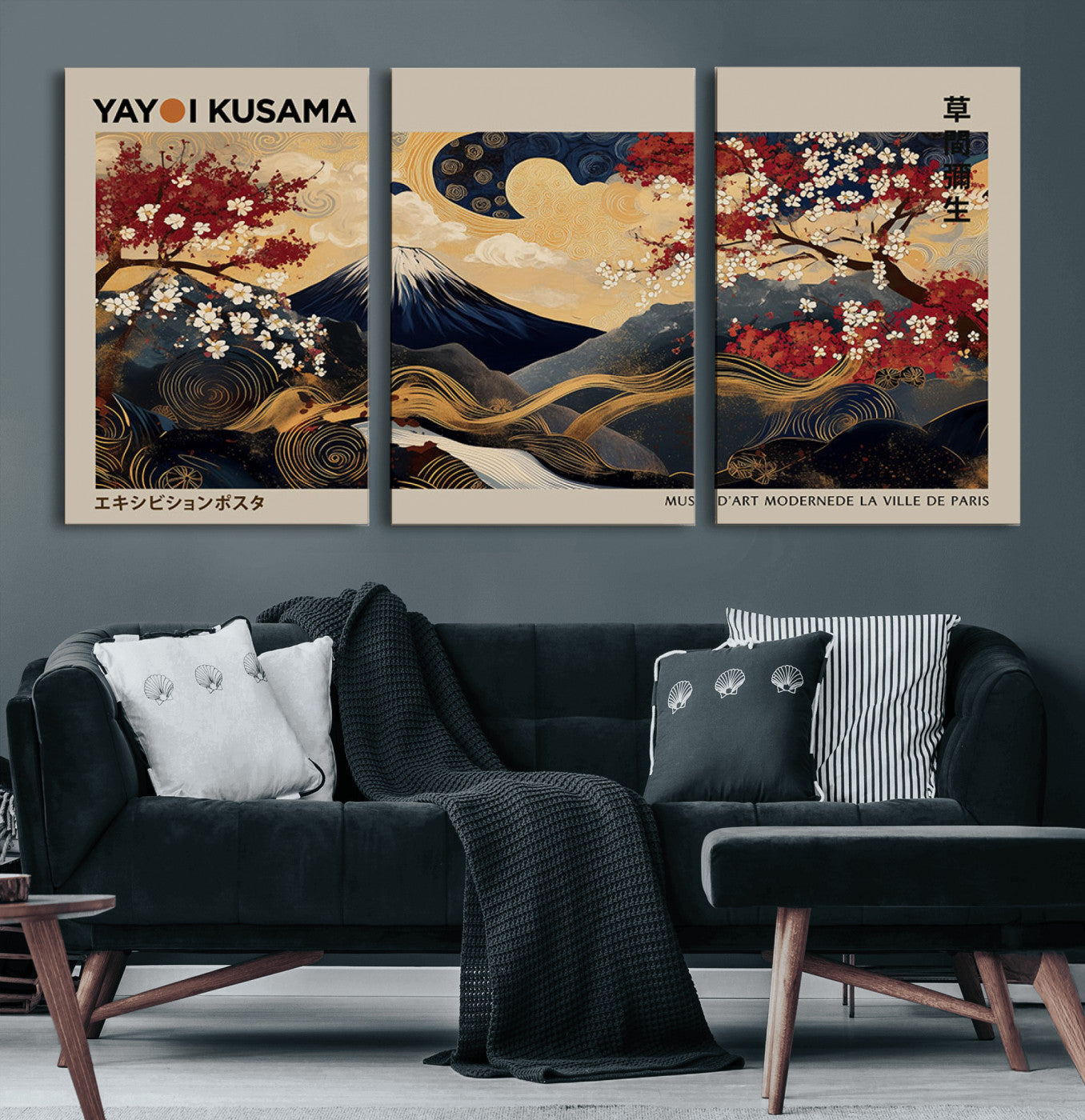Yayoi Kusama's artwork featuring Mount Fuji, blooming cherry trees, and intricate swirls, blending traditional Japanese elements with vibrant color.