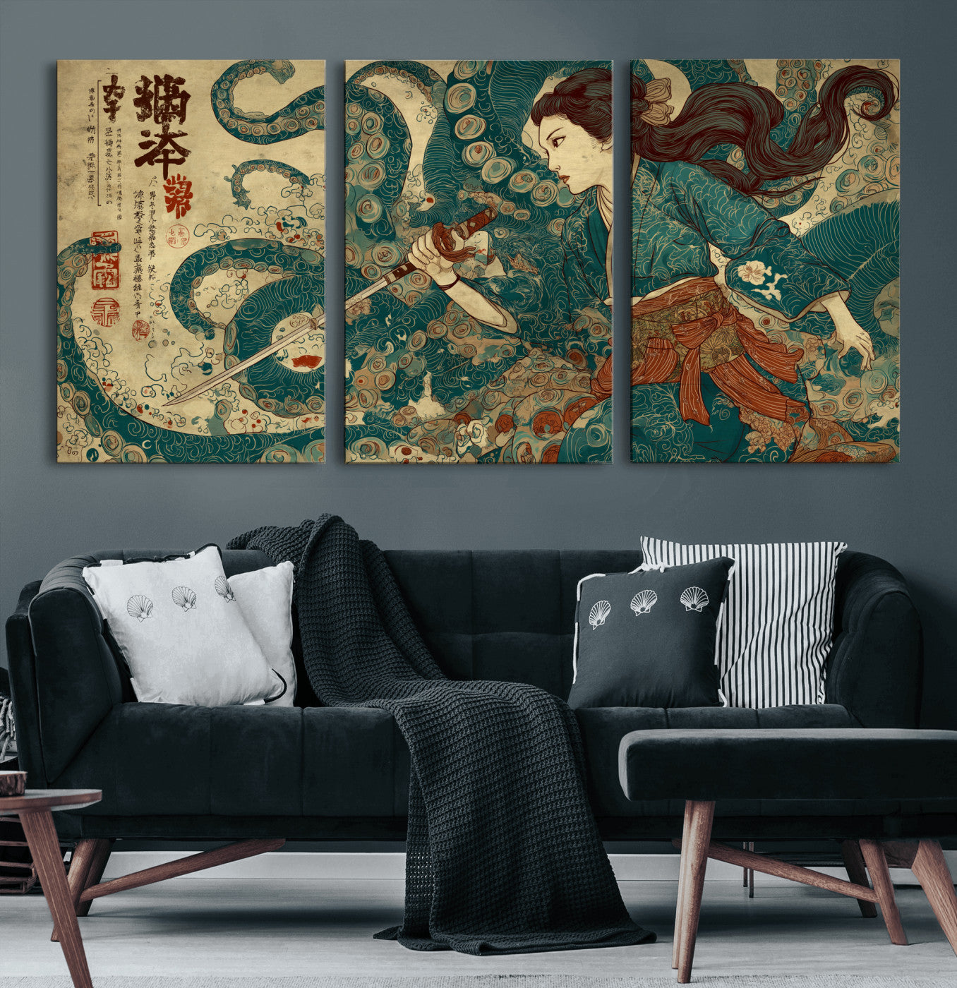 Tsukioka Yoshitoshi Samurai Wall Art Print, Japanese Katana Warrior Canvas Wall Art, Octopus Sea Monster Canvas Print,
