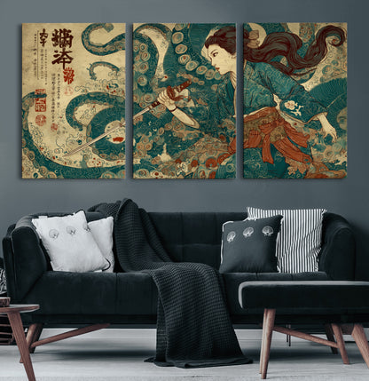 Tsukioka Yoshitoshi Samurai Wall Art Print, Japanese Katana Warrior Canvas Wall Art, Octopus Sea Monster Canvas Print,