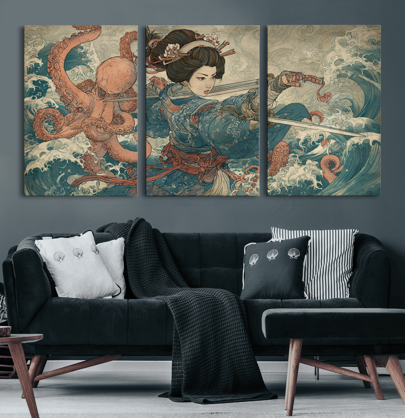 Tsukioka Yoshitoshi Samurai Wall Art Print, Japanese Katana Warrior Canvas Wall Art, Octopus Sea Monster Canvas Print,
