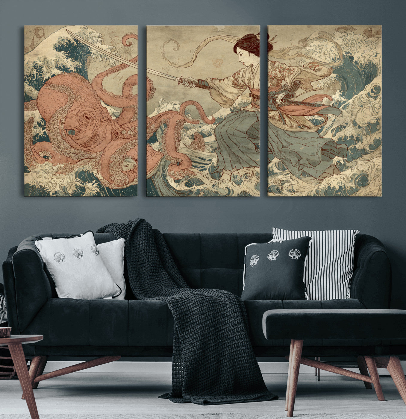 Tsukioka Yoshitoshi Samurai Wall Art Print, Japanese Katana Warrior Canvas Wall Art, Octopus Sea Monster Canvas Print,