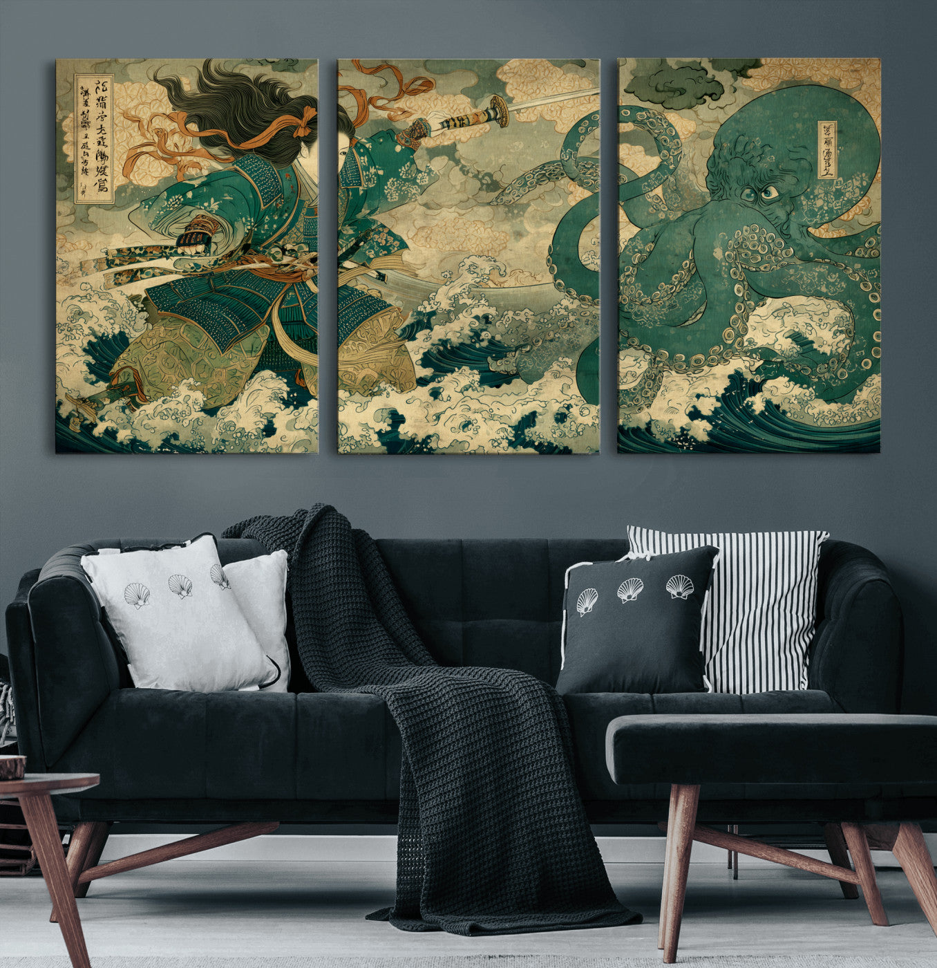 Tsukioka Yoshitoshi Samurai Wall Art Print, Japanese Katana Warrior Canvas Wall Art, Octopus Sea Monster Canvas Print,
