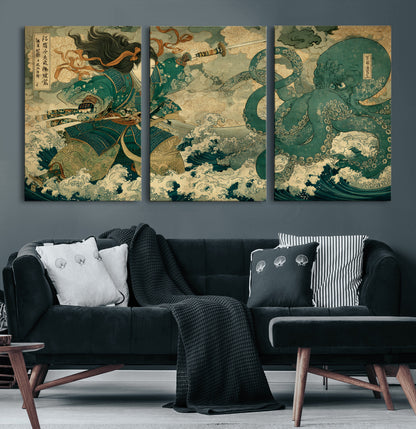 Tsukioka Yoshitoshi Samurai Wall Art Print, Japanese Katana Warrior Canvas Wall Art, Octopus Sea Monster Canvas Print,