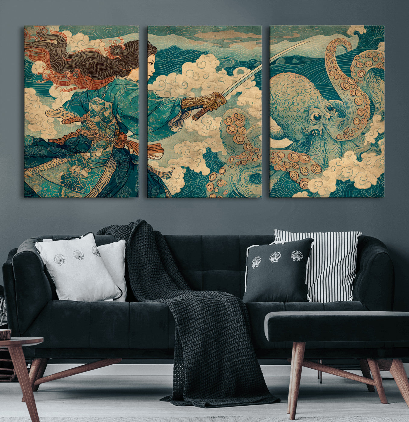 Tsukioka Yoshitoshi Samurai Wall Art Print, Japanese Katana Warrior Canvas Wall Art, Octopus Sea Monster Canvas Print,