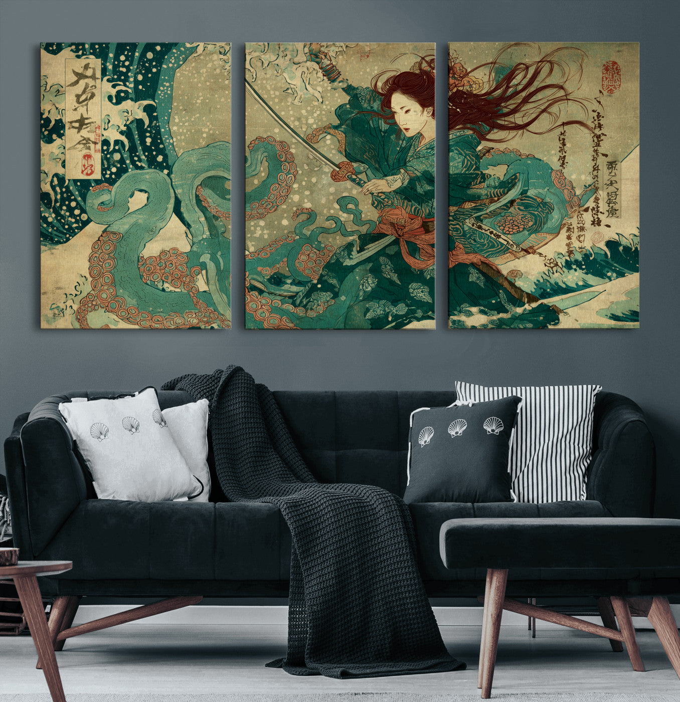 Tsukioka Yoshitoshi Samurai Wall Art Print, Japanese Katana Warrior Canvas Wall Art, Octopus Sea Monster Canvas Print,