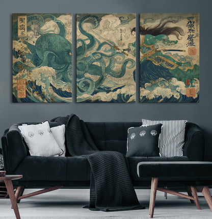 Tsukioka Yoshitoshi Samurai Wall Art Print, Japanese Katana Warrior Canvas Wall Art, Octopus Sea Monster Canvas Print,