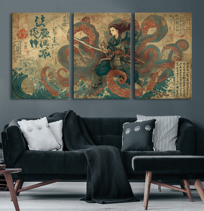 Tsukioka Yoshitoshi Samurai Wall Art Print, Japanese Katana Warrior Canvas Wall Art, Octopus Sea Monster Canvas Print,