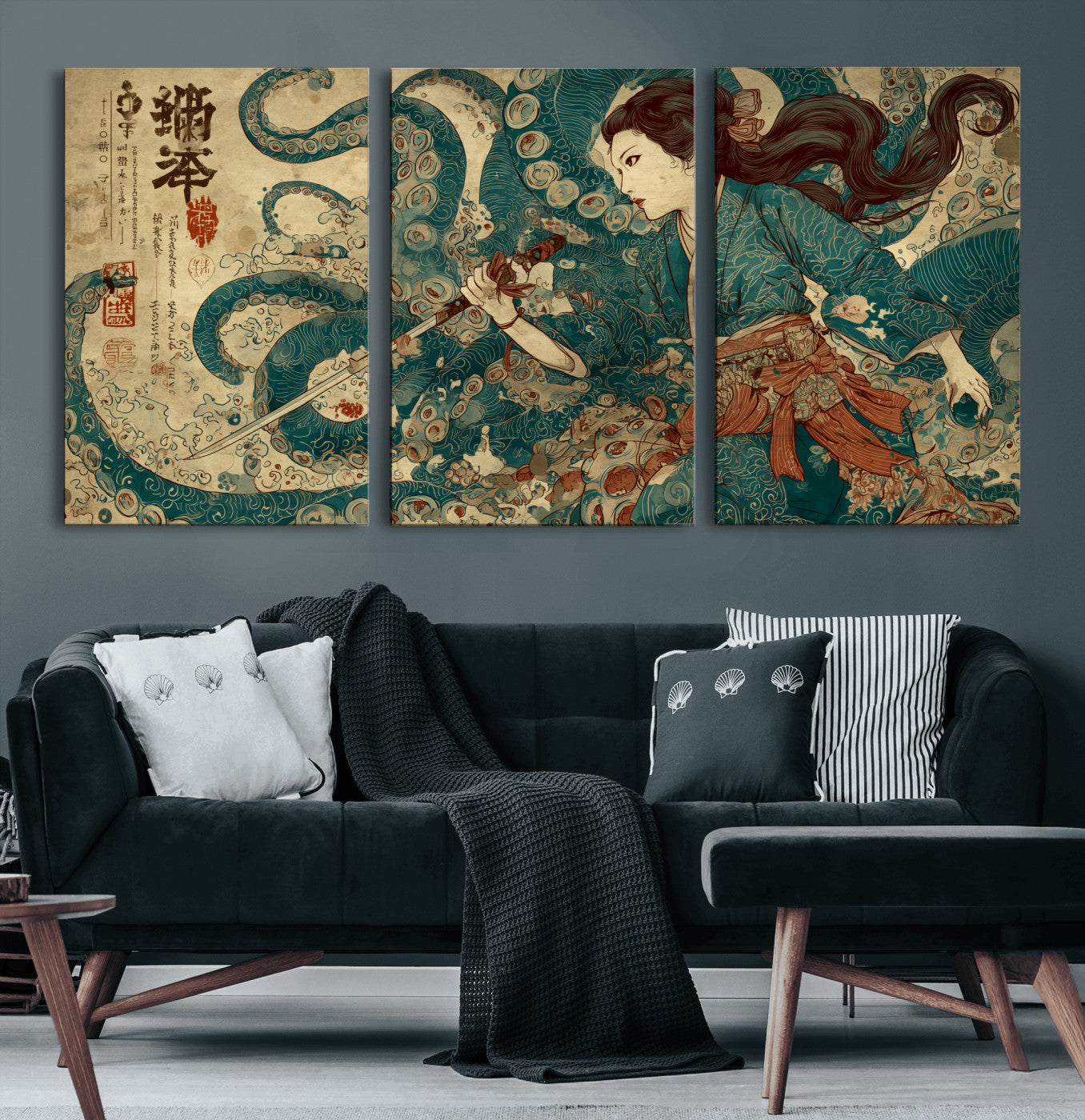 Tsukioka Yoshitoshi Samurai Wall Art Print, Japanese Katana Warrior Canvas Wall Art, Octopus Sea Monster Canvas Print,