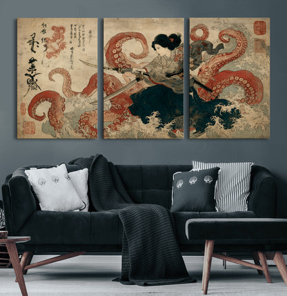 Tsukioka Yoshitoshi Samurai Wall Art Print, Japanese Katana Warrior Canvas Wall Art, Octopus Sea Monster Canvas Print,