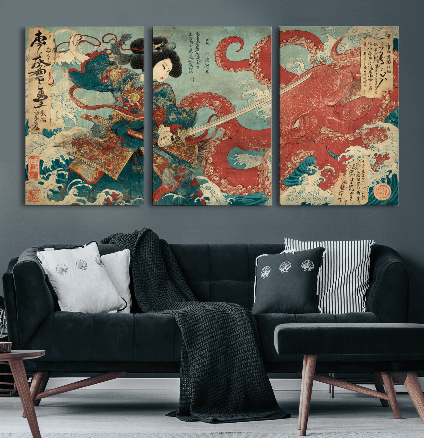 Tsukioka Yoshitoshi Samurai Wall Art Print, Japanese Katana Warrior Canvas Wall Art, Octopus Sea Monster Canvas Print,