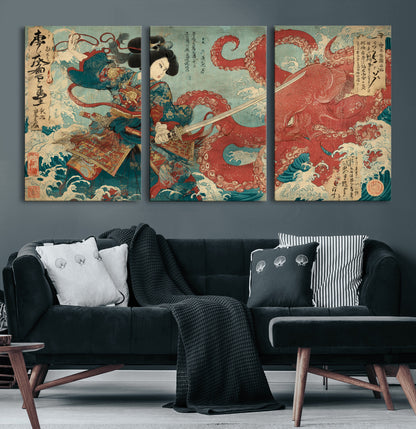 Tsukioka Yoshitoshi Samurai Wall Art Print, Japanese Katana Warrior Canvas Wall Art, Octopus Sea Monster Canvas Print,