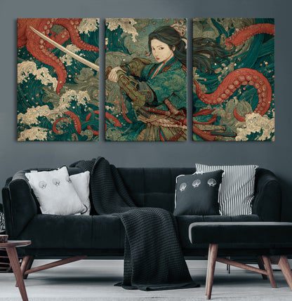 Tsukioka Yoshitoshi Samurai Wall Art Print, Japanese Katana Warrior Canvas Wall Art, Octopus Sea Monster Canvas Print,