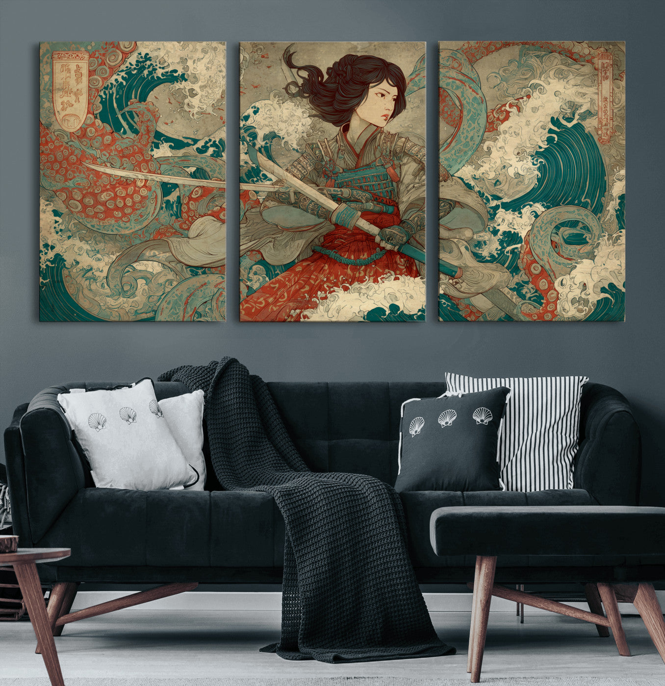 Tsukioka Yoshitoshi Samurai Wall Art Print, Japanese Katana Warrior Canvas Wall Art, Octopus Sea Monster Canvas Print,