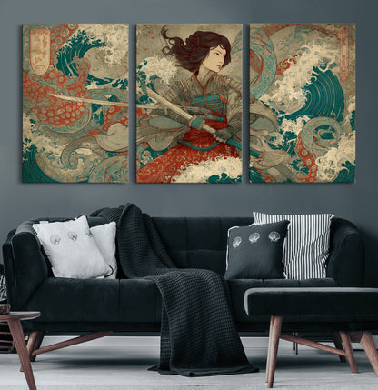 Tsukioka Yoshitoshi Samurai Wall Art Print, Japanese Katana Warrior Canvas Wall Art, Octopus Sea Monster Canvas Print,