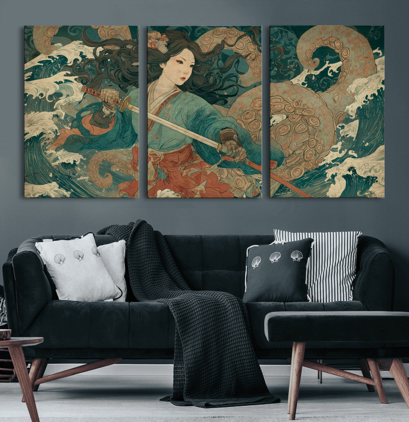 Tsukioka Yoshitoshi Samurai Wall Art Print, Japanese Katana Warrior Canvas Wall Art, Octopus Sea Monster Canvas Print,
