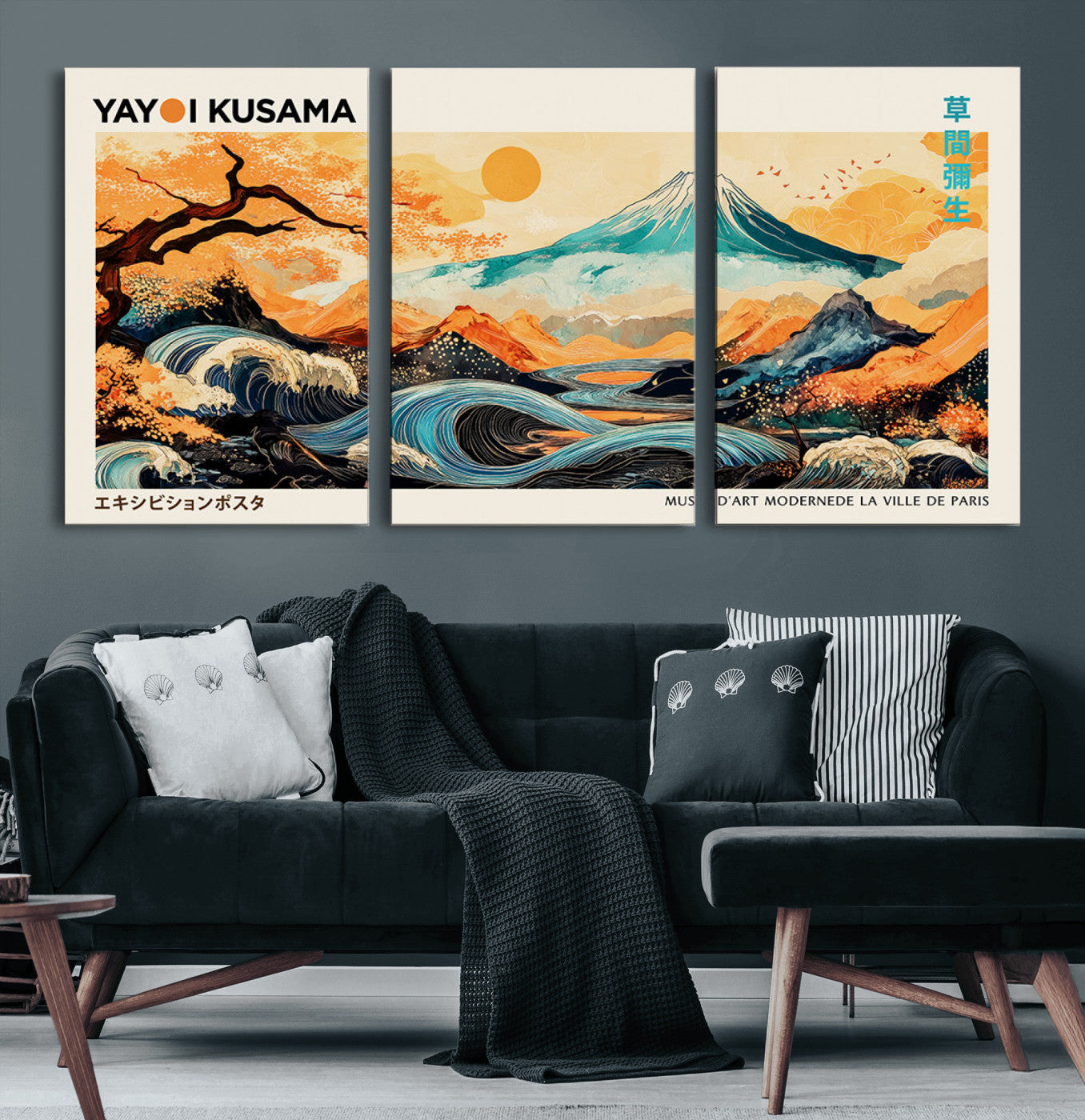 Modern Japanese-style art print featuring a stylized Mount Fuji, flowing waves, and vibrant landscapes in bold colors, inspired by traditional and contemporary aesthetics.