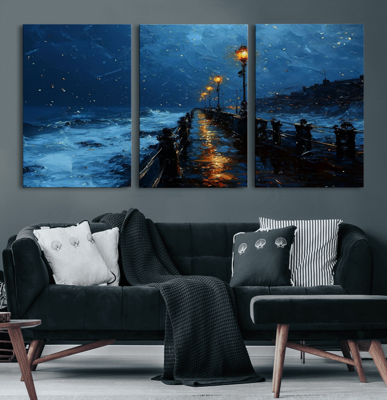 "Impressionistic painting of a rainy pier at night with glowing street lamps reflecting on the wet surface, ocean waves crashing under a dark blue sky."