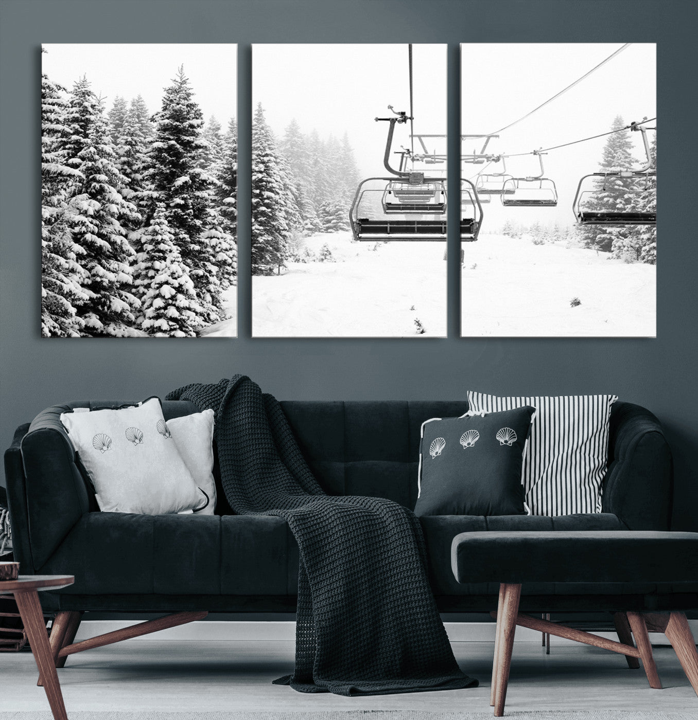 Black and white canvas of empty ski lifts over a snowy pine forest, perfect for minimal winter or ski lodge-inspired decor.
