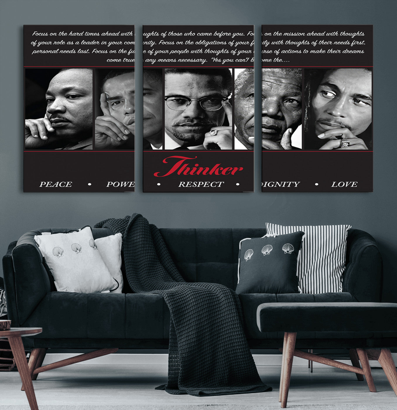 Monochrome canvas of iconic Black leaders with a powerful quote, perfect for modern spaces with a cultural or motivational theme.