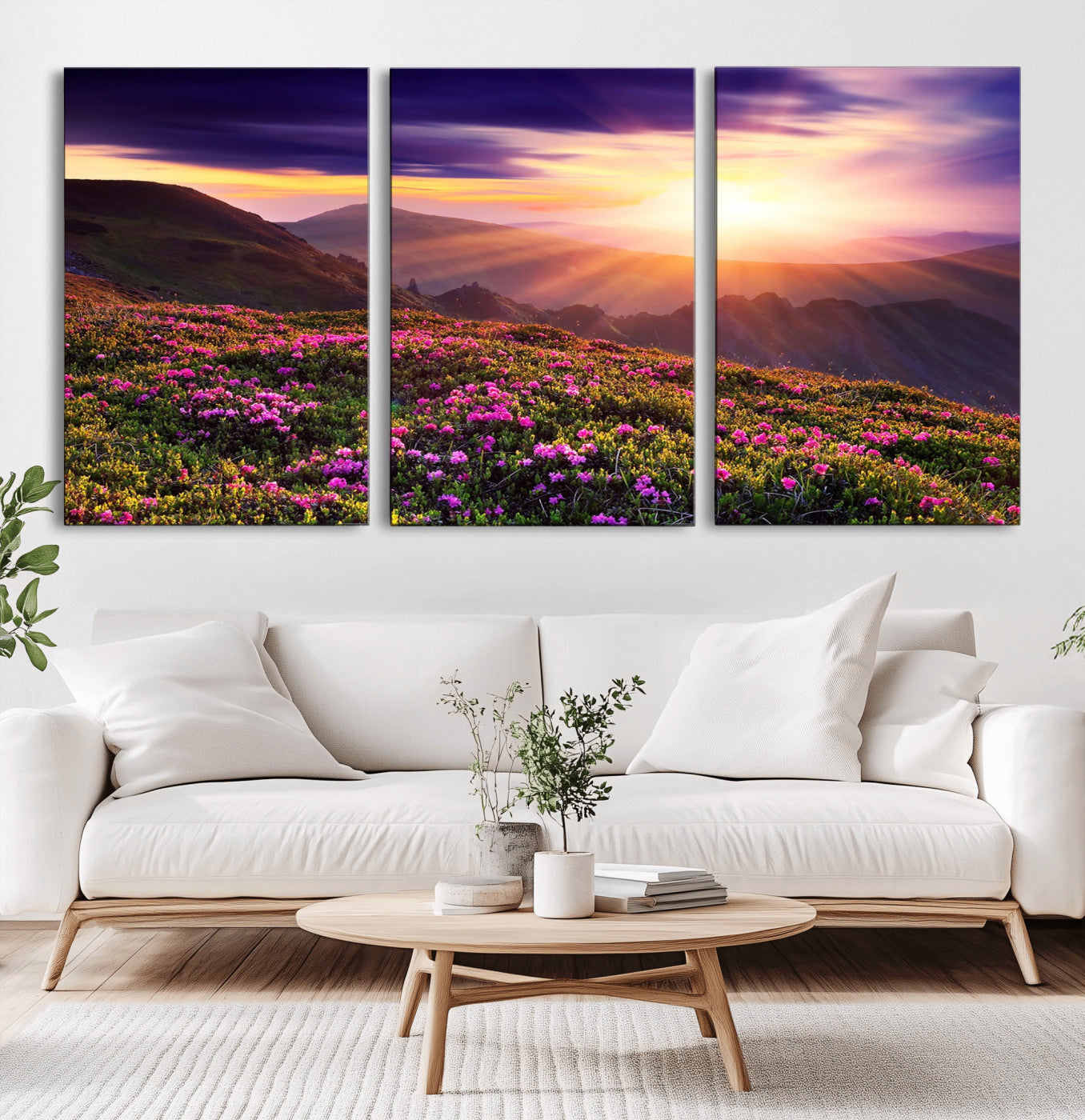 -Mountain Sunrise Wall Art – Vibrant Floral Landscape Canvas Print, Nature Home Decor for Living Room, Bedroom Office or Cabin