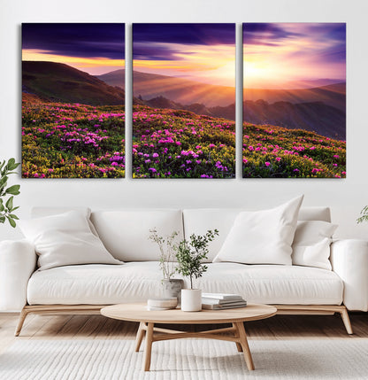 -Mountain Sunrise Wall Art – Vibrant Floral Landscape Canvas Print, Nature Home Decor for Living Room, Bedroom Office or Cabin