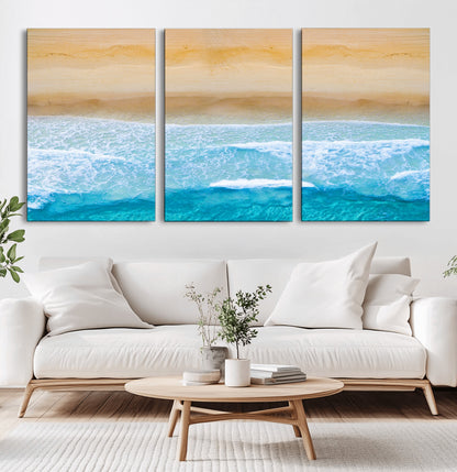 -Aerial Beach Wall Art – Serene Ocean Waves & Sandy Shore Canvas Print, Coastal Home Decor for Living Room, Bedroom or Office