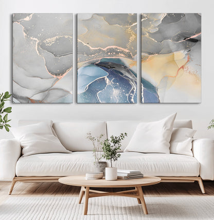 -Abstract Fluid Art Wall Decor – Blue, Gray & Gold Canvas Print, Modern Home and Office Wall Art Decor for Living Room, Bedroom or Workspace