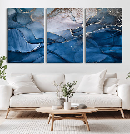 -Abstract Blue Gold Fluid Art Wall Decor – Modern Canvas Print, Elegant Home & Office Wall Art, Stylish Living Room or Bedroom Decoration